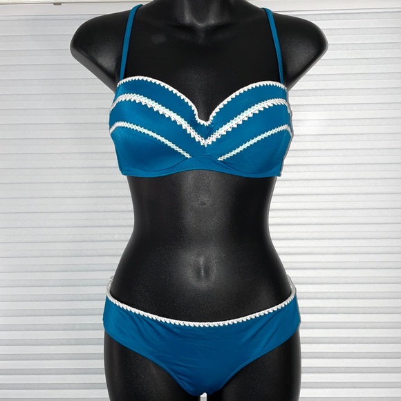 Shade & Shore Teal Crochet Trim Bikini 2-pc Swimsuit 34C Top & Small Bottom - Picture 3 of 10